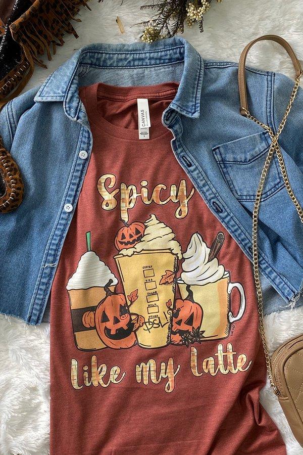 L And B Tees Rust Halloween Spicy Like My Latte-Curvy/Plus Tees-L and B Tees-Deja Nu Boutique, Women's Fashion Boutique in Lampasas, Texas