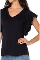 Liverpool Black Flutter Sleeve V Neck Knit Top-Tops-Liverpool-Deja Nu Boutique, Women's Fashion Boutique in Lampasas, Texas