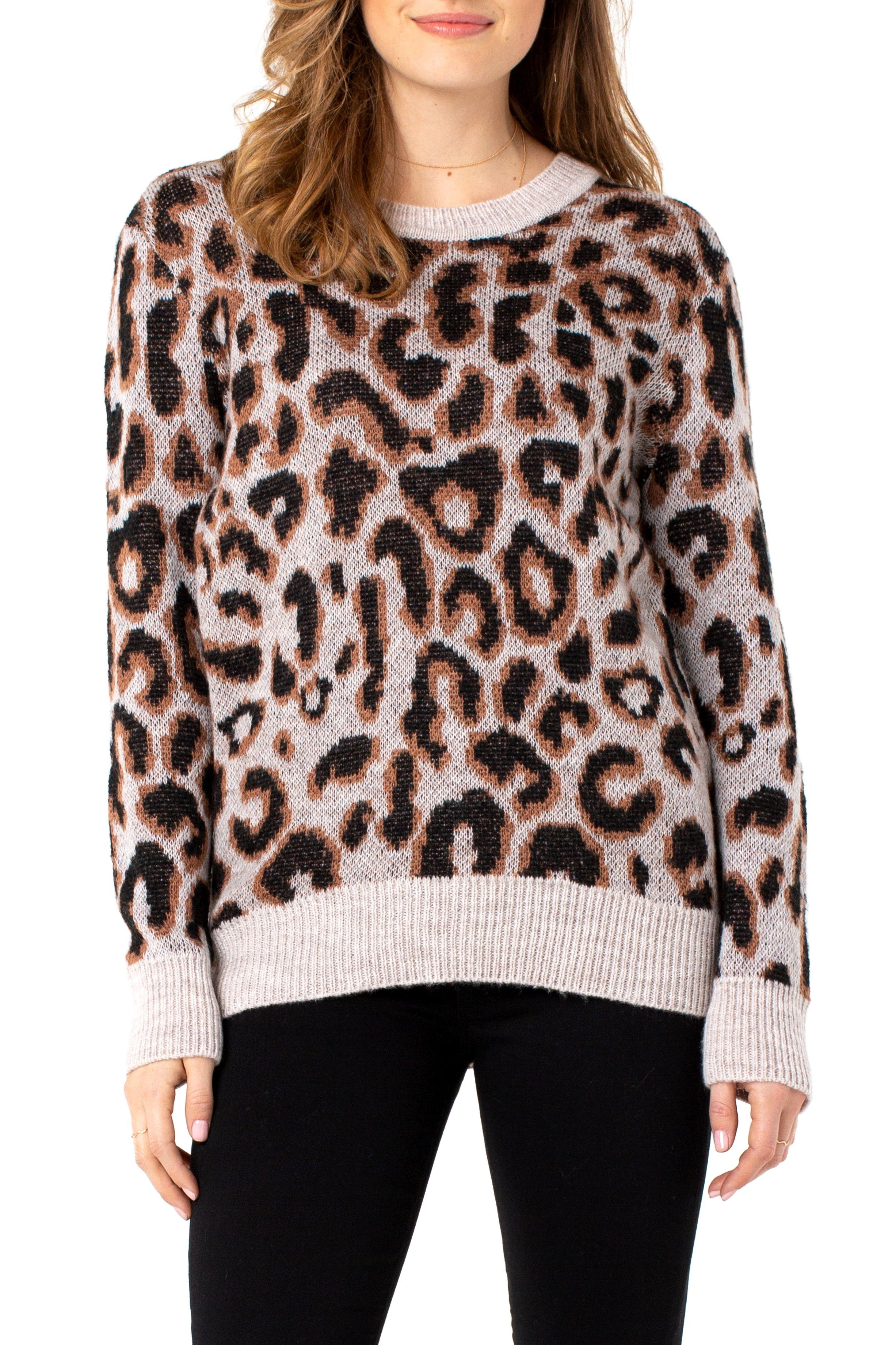 Liverpool Brown Leopard High Low Crew Neck Sweater-Sweaters-Liverpool-Deja Nu Boutique, Women's Fashion Boutique in Lampasas, Texas