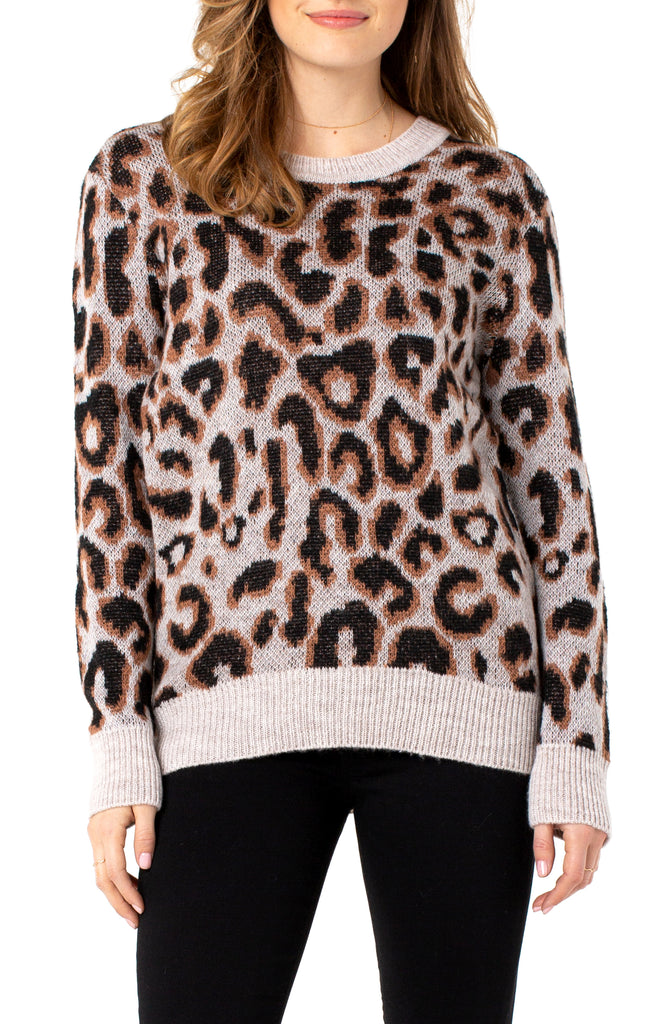Liverpool Brown Leopard High Low Crew Neck Sweater-Sweaters-Liverpool-Deja Nu Boutique, Women's Fashion Boutique in Lampasas, Texas