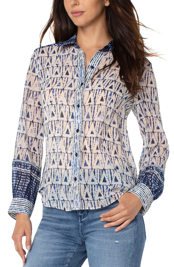 Liverpool Button Front Blouse In Grecian Tile-Tops-Liverpool-Deja Nu Boutique, Women's Fashion Boutique in Lampasas, Texas