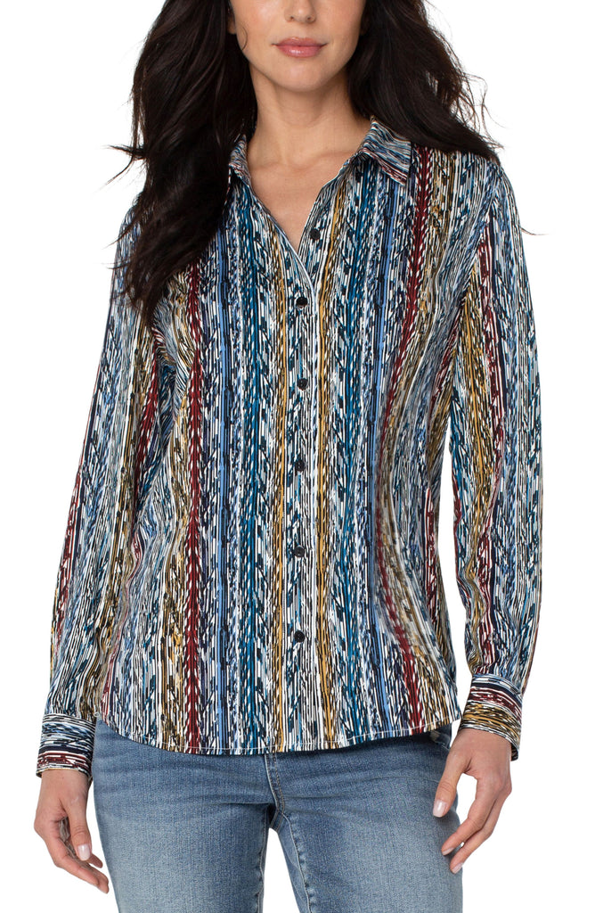 Liverpool Button Up Woven Blouse In Arrow Ikat-Tops-Liverpool-Deja Nu Boutique, Women's Fashion Boutique in Lampasas, Texas