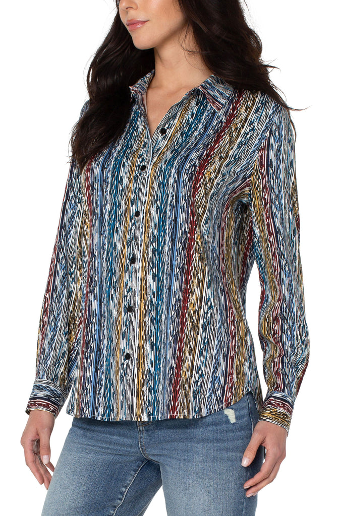 Liverpool Button Up Woven Blouse In Arrow Ikat-Tops-Liverpool-Deja Nu Boutique, Women's Fashion Boutique in Lampasas, Texas