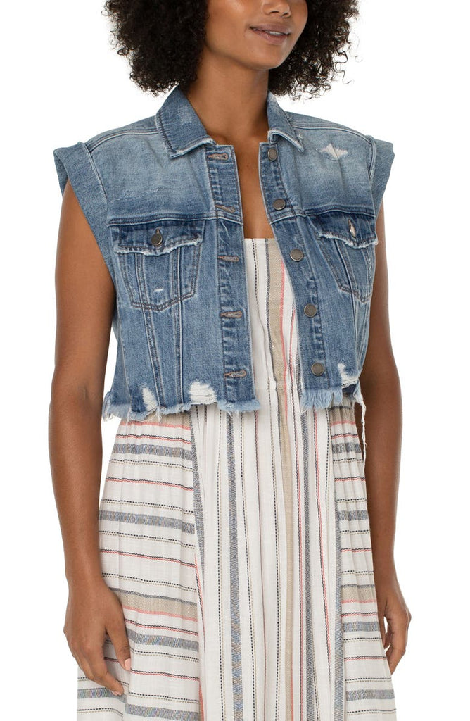 Liverpool Distressed Cropped Sleeveless Jacket In Connolly-Jackets-Liverpool-Deja Nu Boutique, Women's Fashion Boutique in Lampasas, Texas