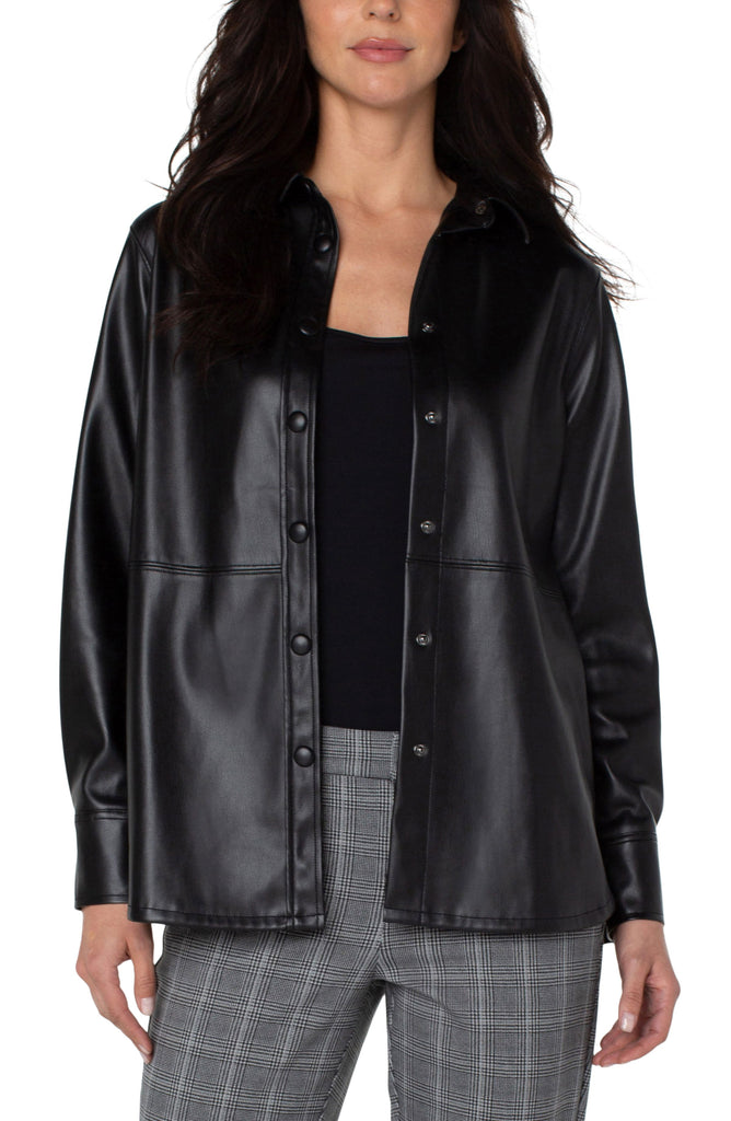 Liverpool Faux Leather Snap Front Seamed Shacket In Black-Shackets-Liverpool-Deja Nu Boutique, Women's Fashion Boutique in Lampasas, Texas