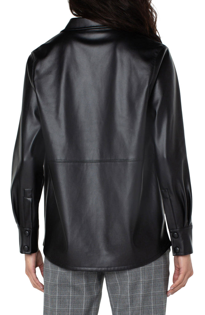 Liverpool Faux Leather Snap Front Seamed Shacket In Black-Shackets-Liverpool-Deja Nu Boutique, Women's Fashion Boutique in Lampasas, Texas