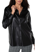 Liverpool Faux Leather Snap Front Seamed Shacket In Black-Shackets-Liverpool-Deja Nu Boutique, Women's Fashion Boutique in Lampasas, Texas