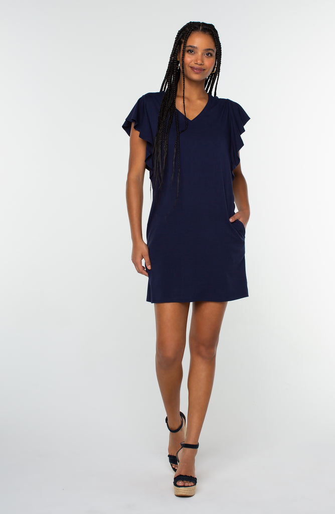 Liverpool Flutter Sleeve Dress In Cosmic Navy-Short Dresses-Liverpool-Deja Nu Boutique, Women's Fashion Boutique in Lampasas, Texas