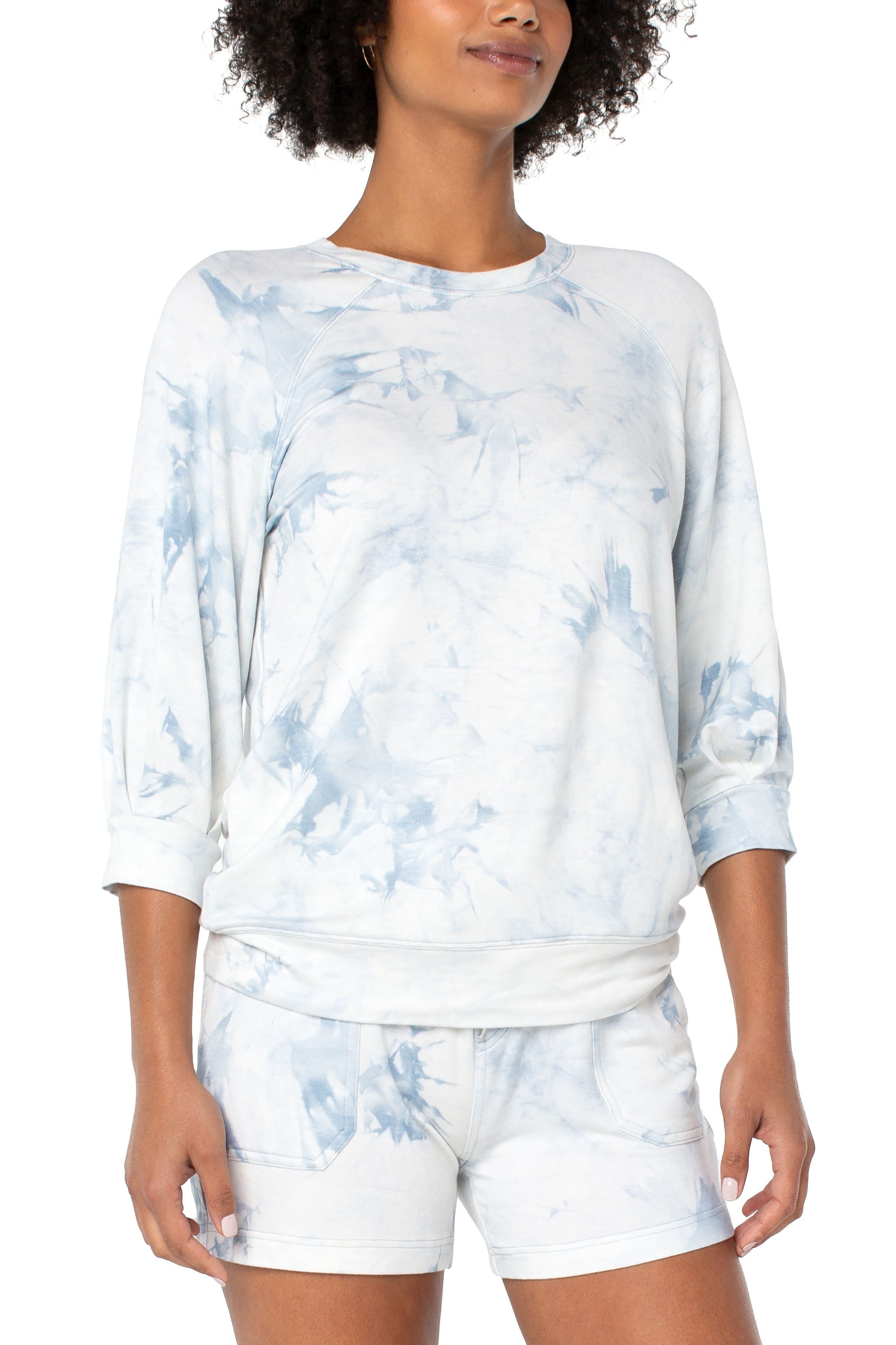 Liverpool Half Sleeve Sweatshirt With Pleat Details In Blue Cloud-Tops-Liverpool-Deja Nu Boutique, Women's Fashion Boutique in Lampasas, Texas