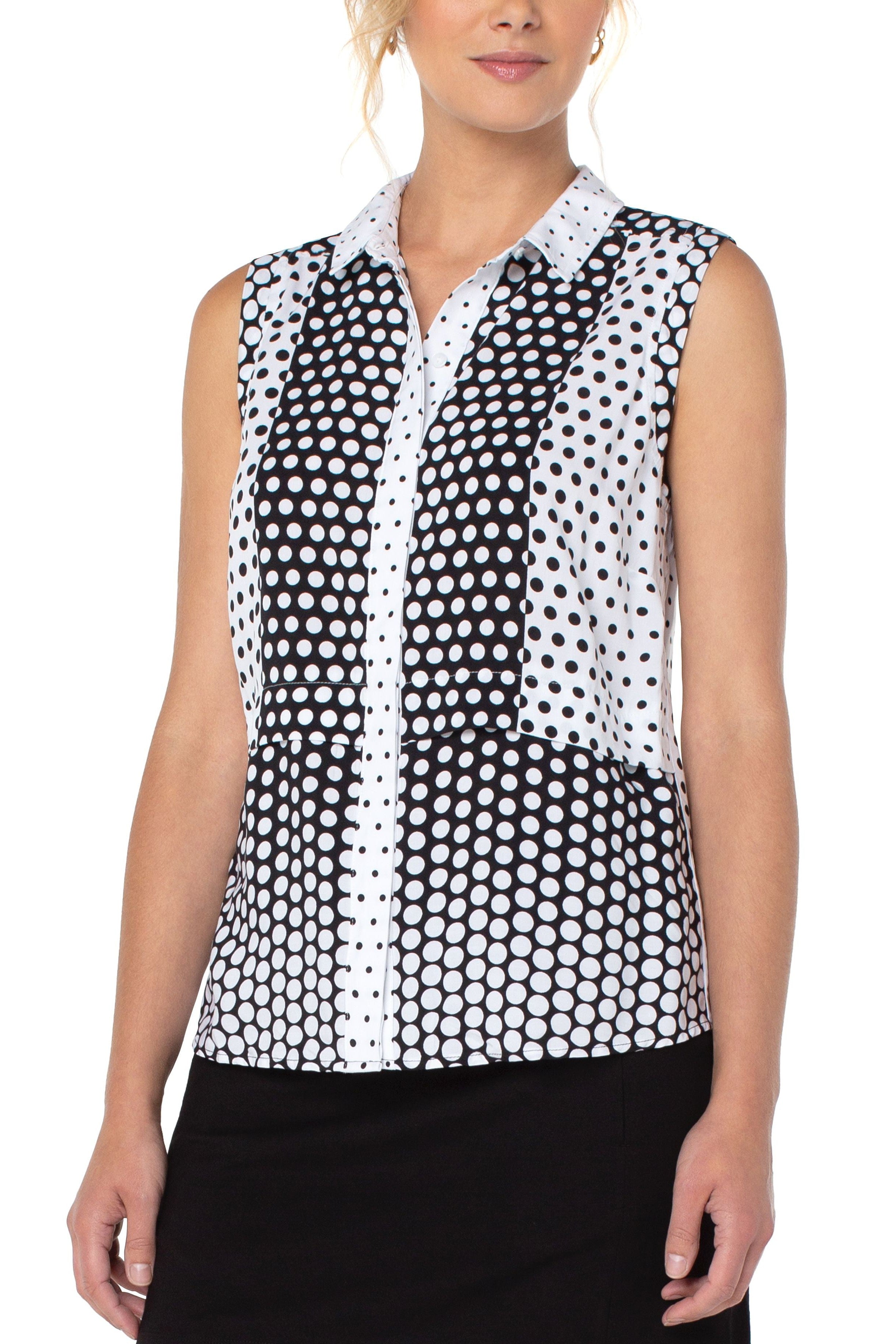 Liverpool Hidden Placket Sleeveless Button Front Shirt In Black And White Print-Tops-Liverpool-Deja Nu Boutique, Women's Fashion Boutique in Lampasas, Texas