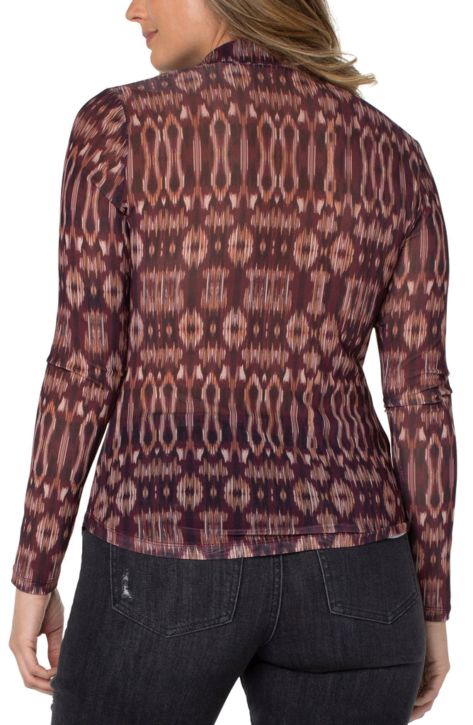Liverpool Long Sleeve Print Mesh Button Front Knit Shirt In Burgundy Ikat-Tops-Liverpool-Deja Nu Boutique, Women's Fashion Boutique in Lampasas, Texas
