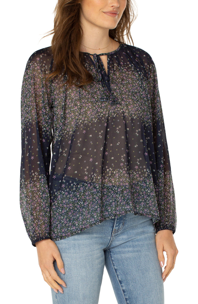 Liverpool Long Sleeve Shirred Blouse With Neck Tie In Midnight Garden-Tops-Liverpool-Deja Nu Boutique, Women's Fashion Boutique in Lampasas, Texas