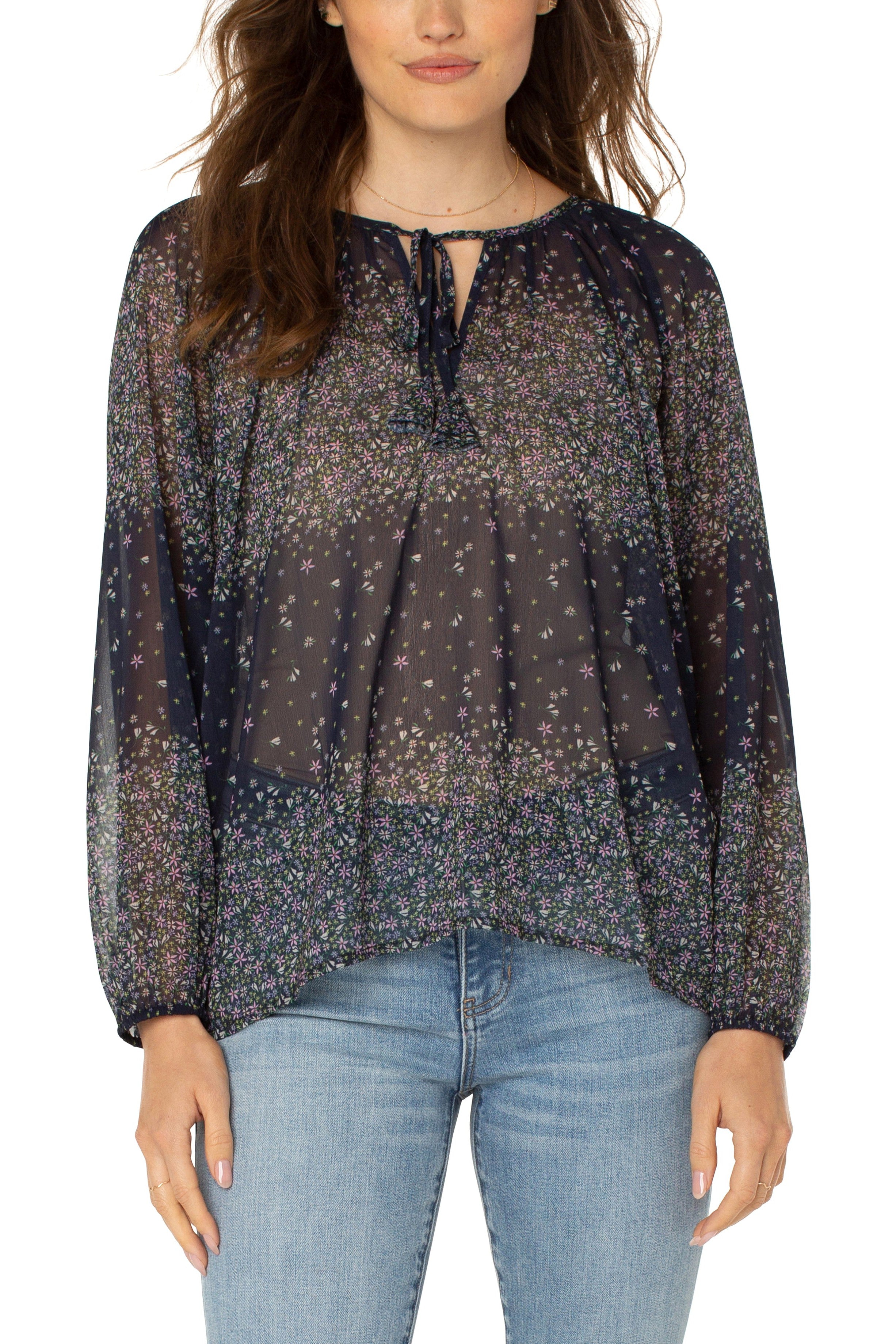 Liverpool Long Sleeve Shirred Blouse With Neck Tie In Midnight Garden-Tops-Liverpool-Deja Nu Boutique, Women's Fashion Boutique in Lampasas, Texas