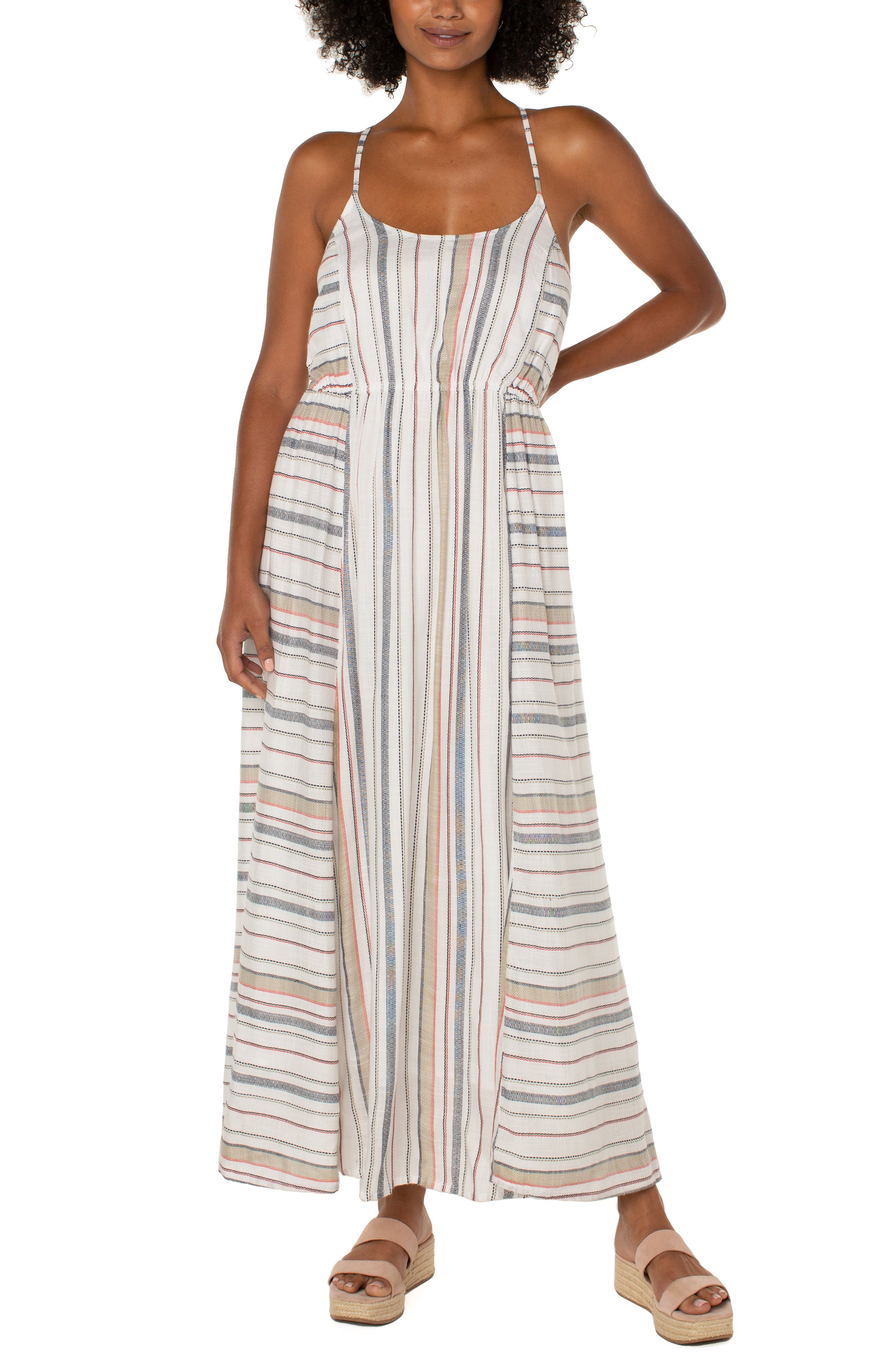 Liverpool Maxi Dress With Back Smocking Detail In Stripe Cross Back-Maxi Dresses-Liverpool-Deja Nu Boutique, Women's Fashion Boutique in Lampasas, Texas