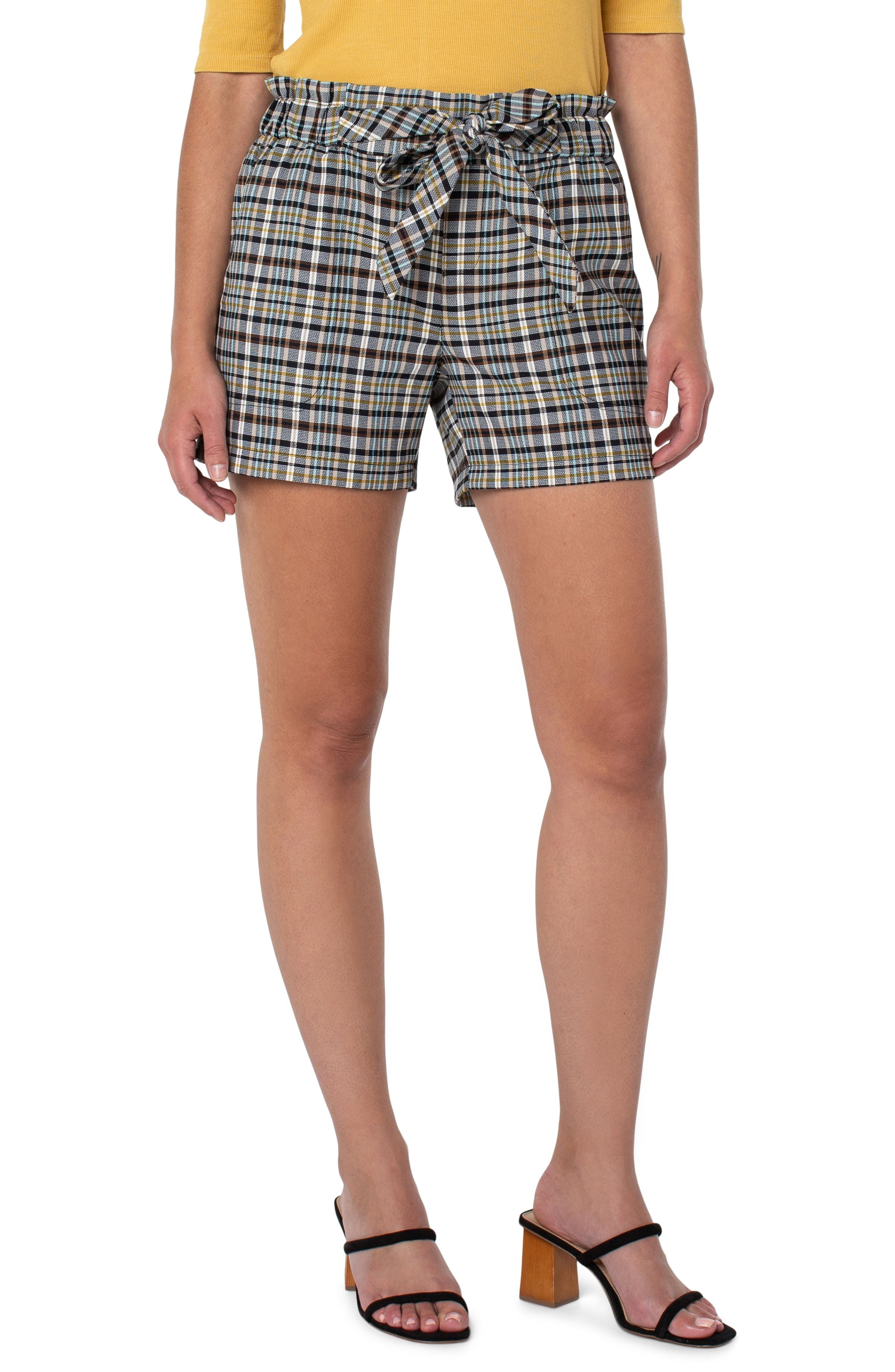 Liverpool Paper Bag Self Tie Short In White Black And Tan Plaid-Bottoms-Liverpool-Deja Nu Boutique, Women's Fashion Boutique in Lampasas, Texas