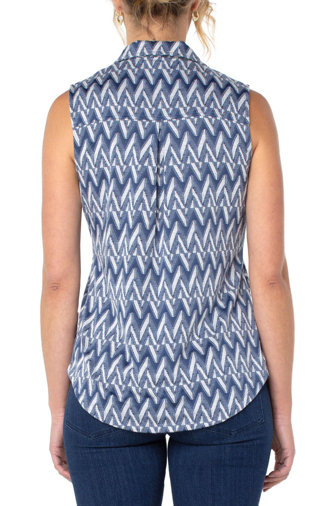 Liverpool Patched Button Front Knit Sleeveless Shirt In Blue And White Chevron-Tops-Liverpool-Deja Nu Boutique, Women's Fashion Boutique in Lampasas, Texas