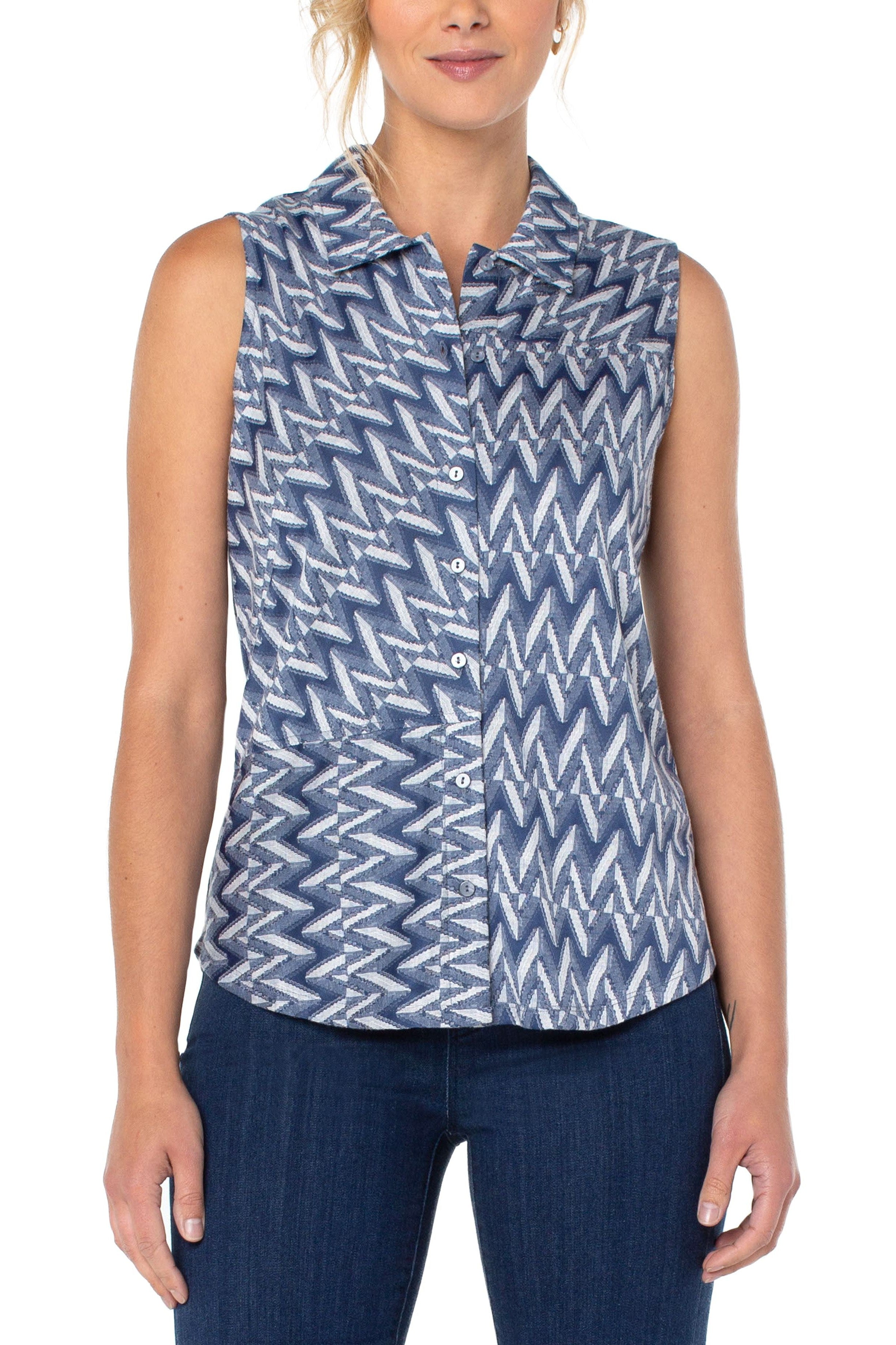 Liverpool Patched Button Front Knit Sleeveless Shirt In Blue And White Chevron-Tops-Liverpool-Deja Nu Boutique, Women's Fashion Boutique in Lampasas, Texas