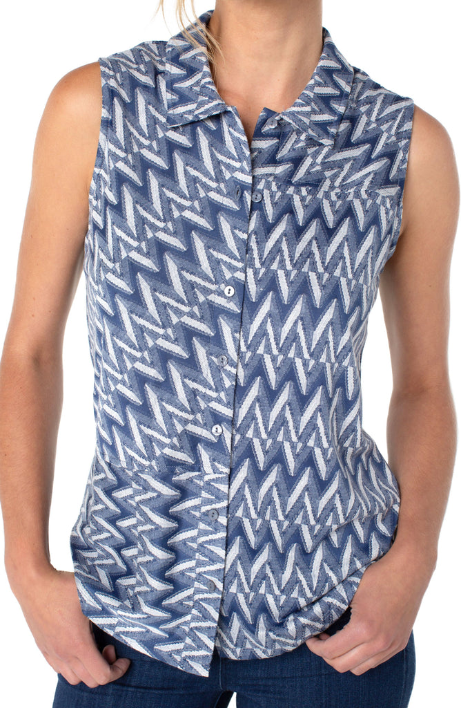 Liverpool Patched Button Front Knit Sleeveless Shirt In Blue And White Chevron-Tops-Liverpool-Deja Nu Boutique, Women's Fashion Boutique in Lampasas, Texas