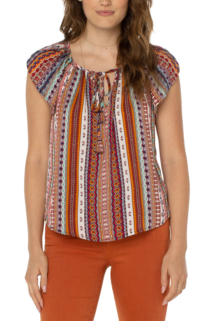 Liverpool Petal Sleeve Woven Top With Ties In Carousel Stripe-Tops-Liverpool-Deja Nu Boutique, Women's Fashion Boutique in Lampasas, Texas