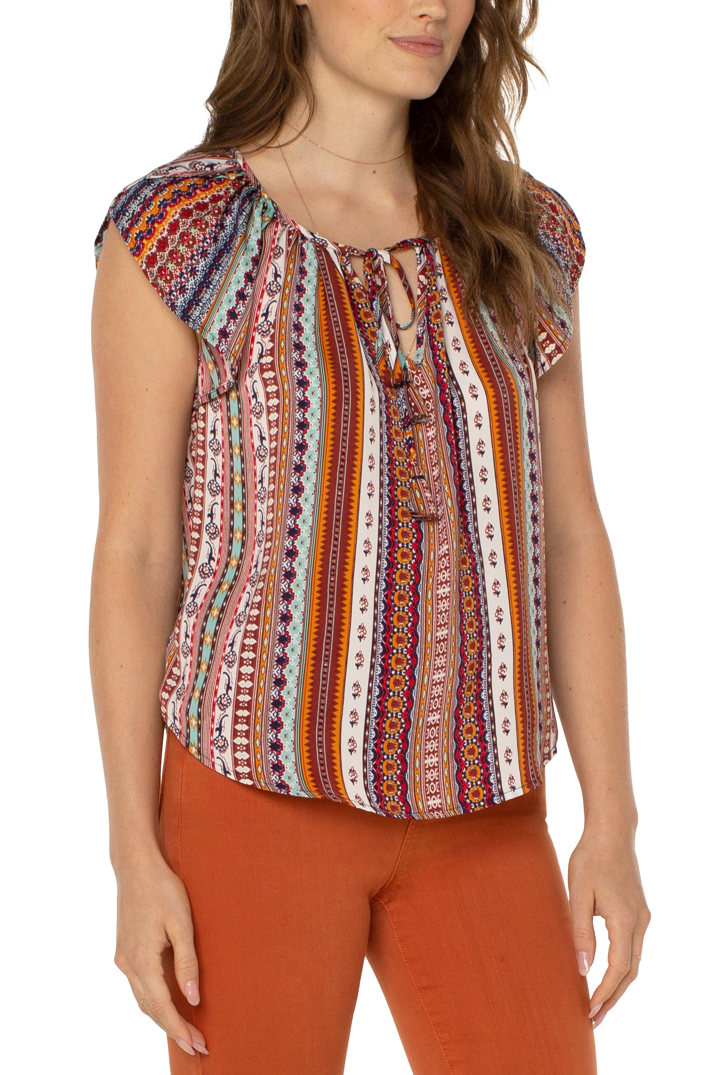 Liverpool Petal Sleeve Woven Top With Ties In Carousel Stripe-Tops-Liverpool-Deja Nu Boutique, Women's Fashion Boutique in Lampasas, Texas