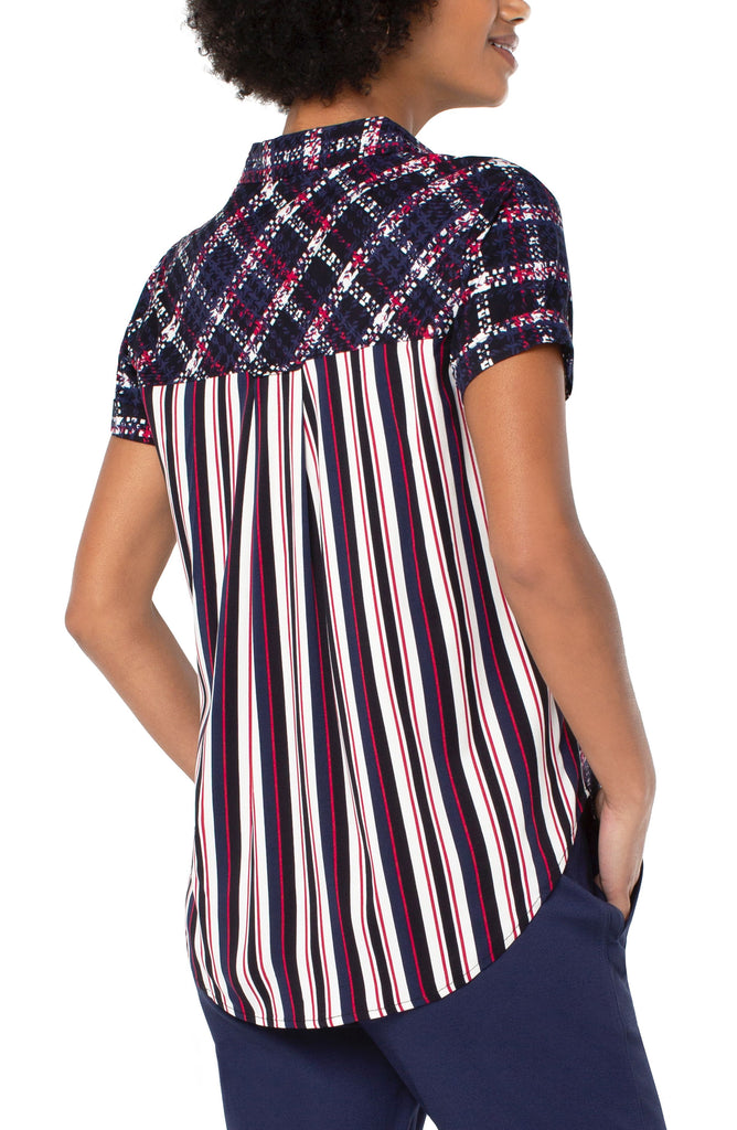 Liverpool Rolled Sleeveless Button Front Shirt In Navy And Red Lollipop Mixed Pattern-Tops-Liverpool-Deja Nu Boutique, Women's Fashion Boutique in Lampasas, Texas
