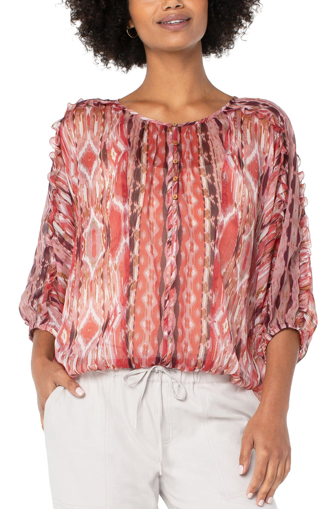 Liverpool Ruffle Sleeve Dolman Popover In Desert Blossom Ikat Print-Tops-Liverpool-Deja Nu Boutique, Women's Fashion Boutique in Lampasas, Texas