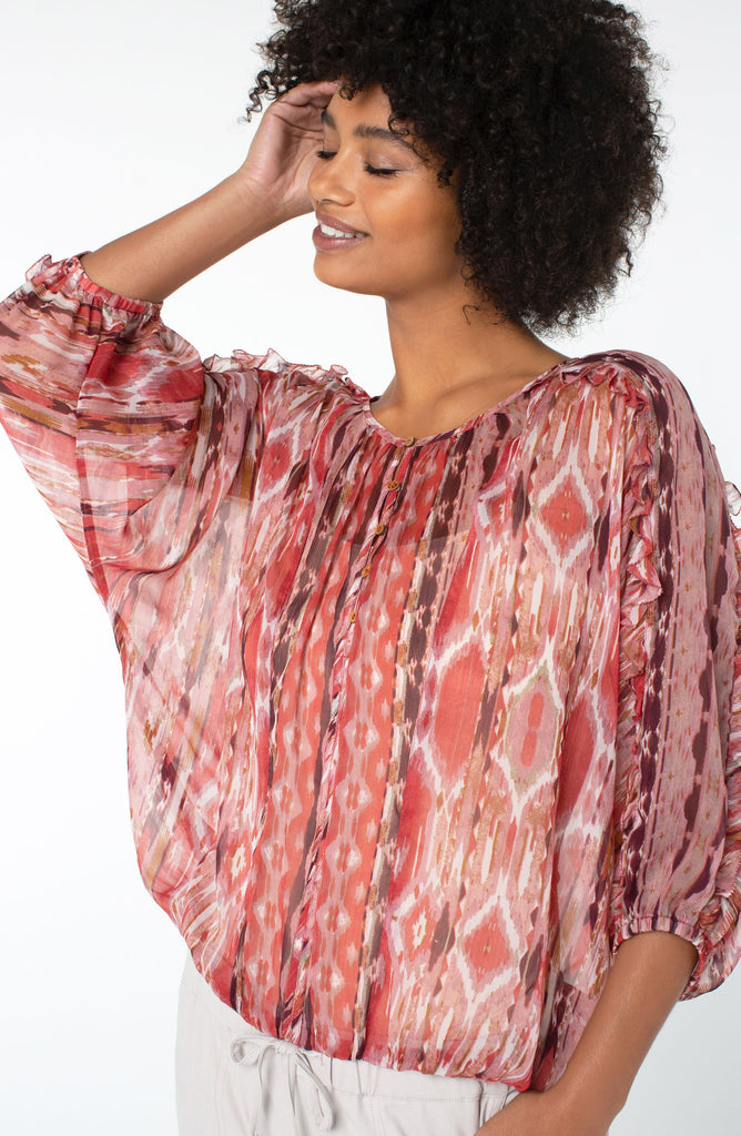 Liverpool Ruffle Sleeve Dolman Popover In Desert Blossom Ikat Print-Tops-Liverpool-Deja Nu Boutique, Women's Fashion Boutique in Lampasas, Texas