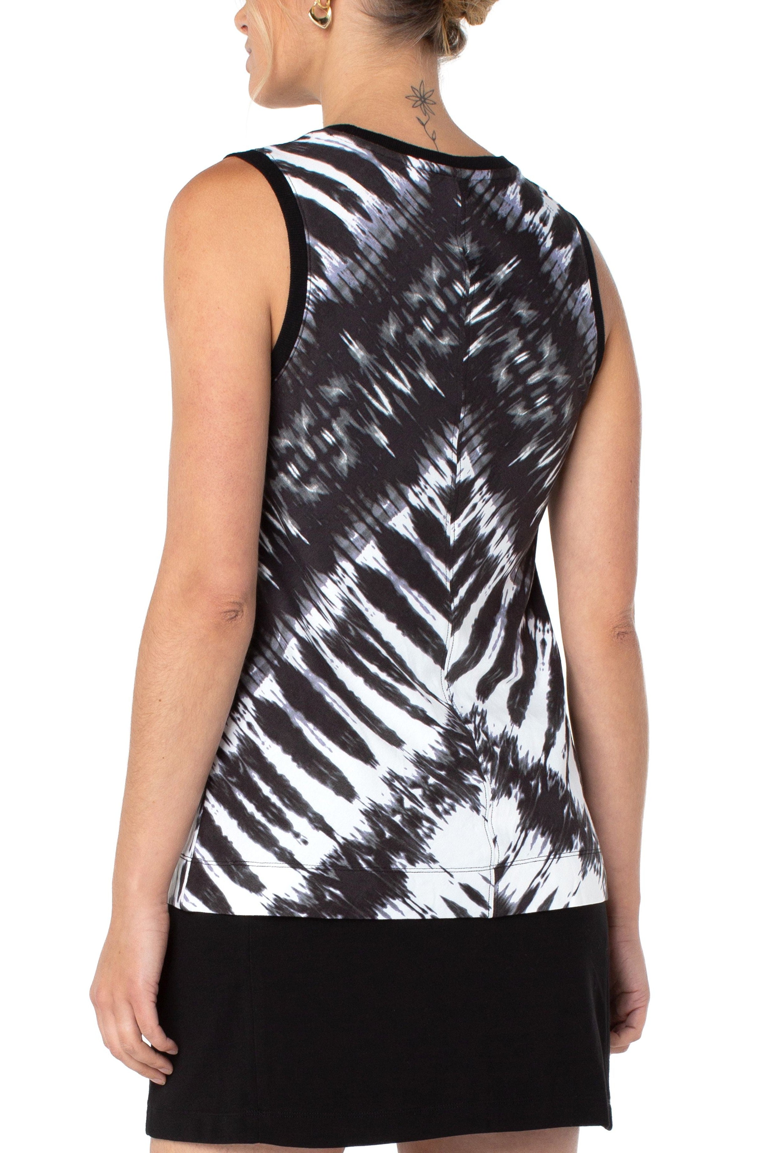 Liverpool Sleeveless Knit Top With Miter Back In Black And White Tie Dye-Tops-Liverpool-Deja Nu Boutique, Women's Fashion Boutique in Lampasas, Texas