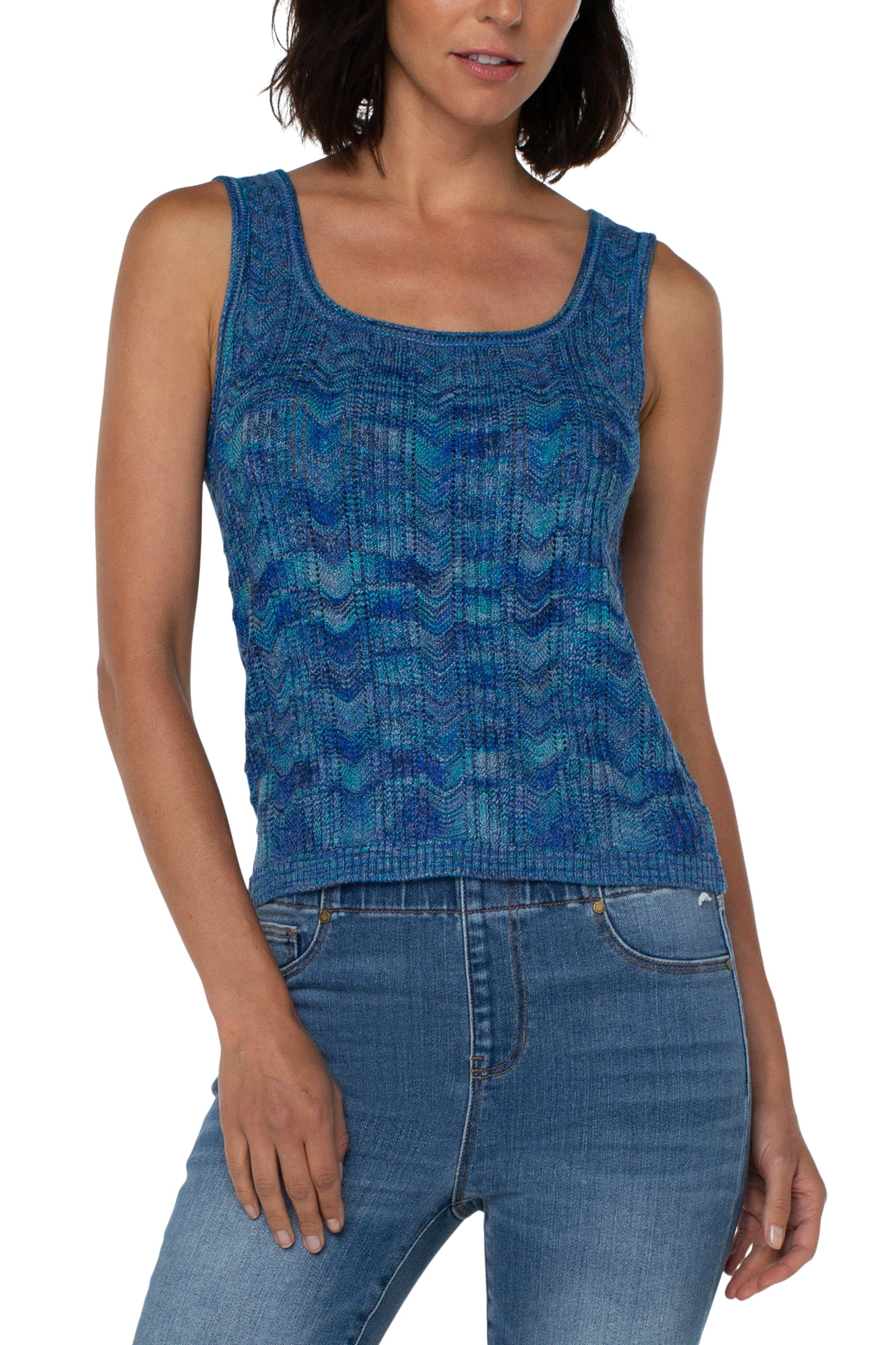 Liverpool Sleeveless Pointelle Sweater Tank In Blue Multi Check-Camis/Tanks-Liverpool-Deja Nu Boutique, Women's Fashion Boutique in Lampasas, Texas