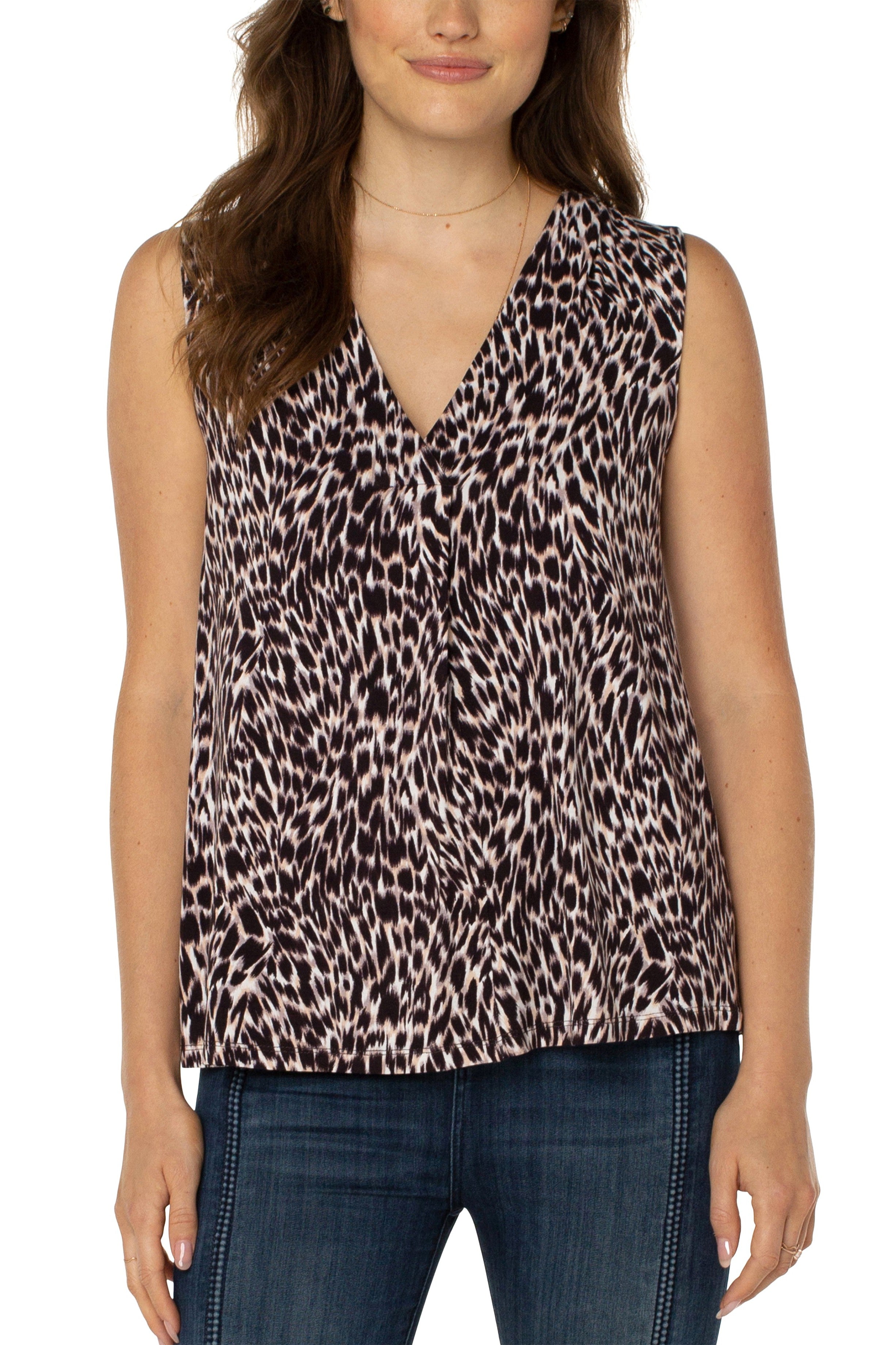 Liverpool Sleeveless V-Neck Top With Tucks In Animal Print-Camis/Tanks-Liverpool-Deja Nu Boutique, Women's Fashion Boutique in Lampasas, Texas