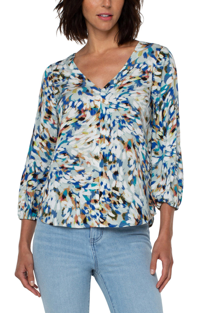 Liverpool Three Fourths Sleeve Double V Neck Top-Tops-Liverpool-Deja Nu Boutique, Women's Fashion Boutique in Lampasas, Texas