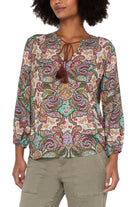 Liverpool Tie Front Popover With Full Sleeve In Scrolling Paisley Print-Long Sleeves-Liverpool-Deja Nu Boutique, Women's Fashion Boutique in Lampasas, Texas