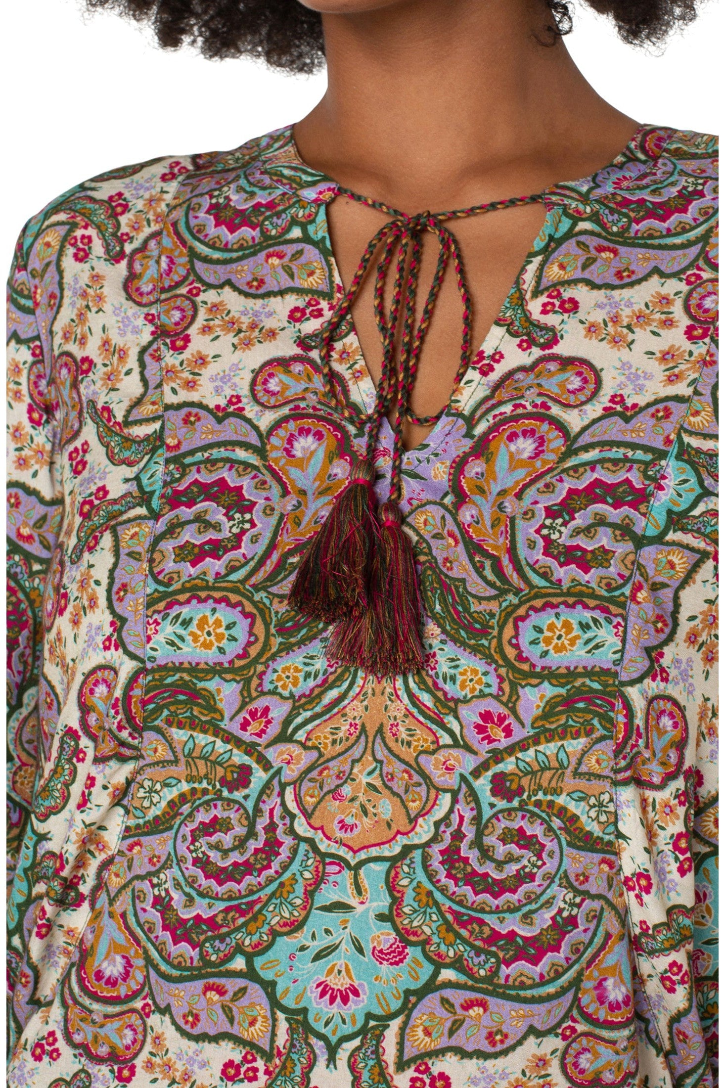 Liverpool Tie Front Popover With Full Sleeve In Scrolling Paisley Print-Long Sleeves-Liverpool-Deja Nu Boutique, Women's Fashion Boutique in Lampasas, Texas