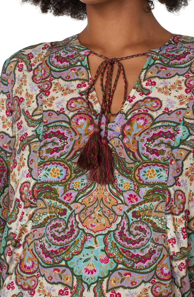 Liverpool Tie Front Popover With Full Sleeve In Scrolling Paisley Print-Long Sleeves-Liverpool-Deja Nu Boutique, Women's Fashion Boutique in Lampasas, Texas