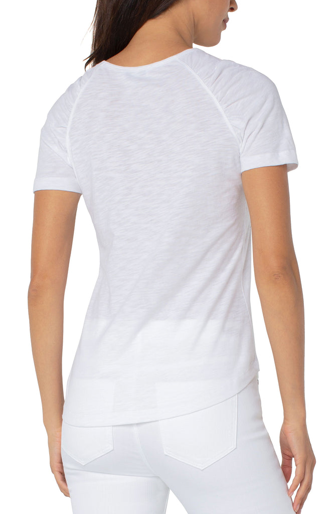 Liverpool White Short Sleeve Shirred Raglan Shoulder Slub Knit Tee-Tops-Liverpool-Deja Nu Boutique, Women's Fashion Boutique in Lampasas, Texas
