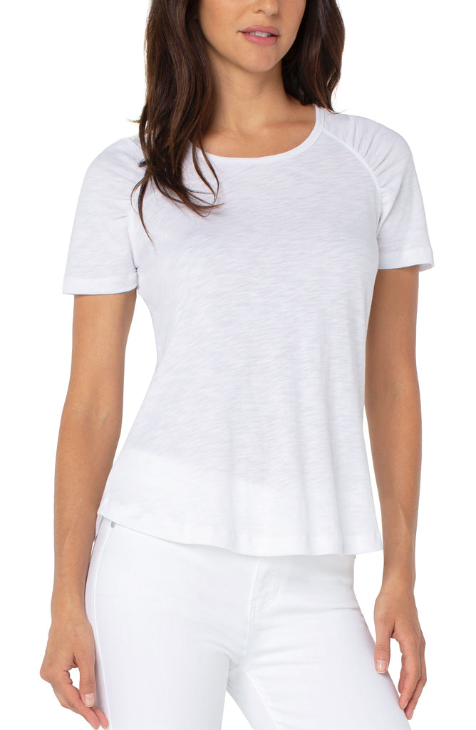 Liverpool White Short Sleeve Shirred Raglan Shoulder Slub Knit Tee-Tops-Liverpool-Deja Nu Boutique, Women's Fashion Boutique in Lampasas, Texas