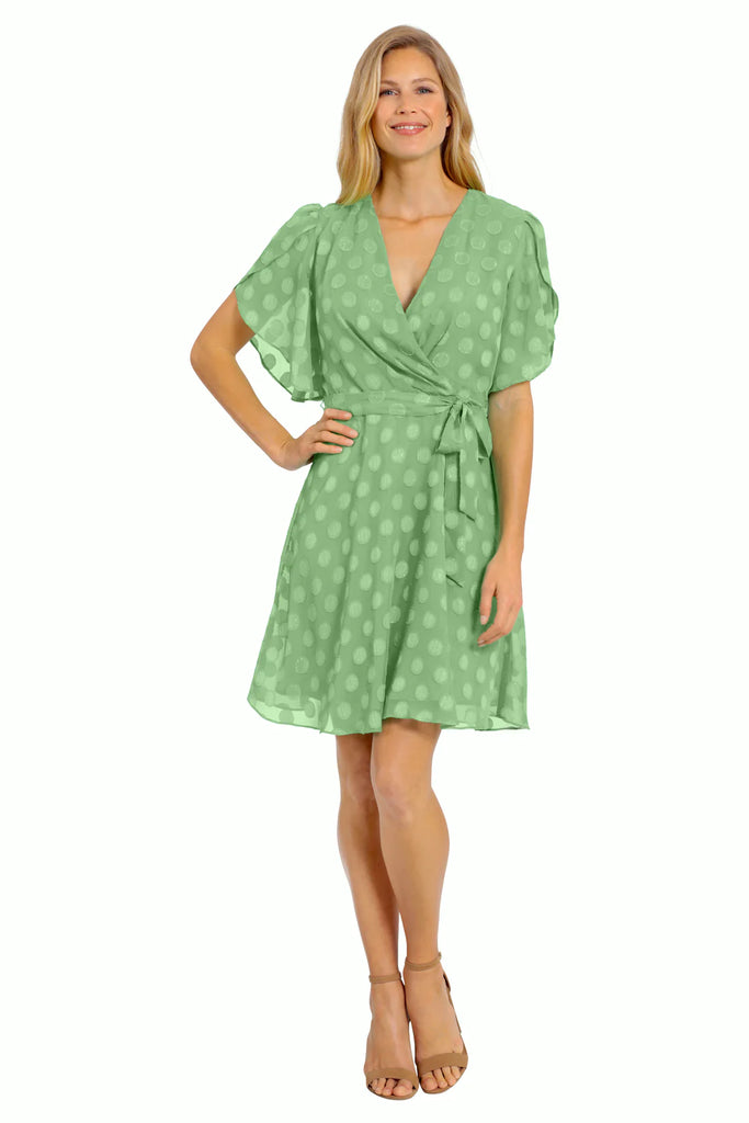 London Times Caillan Pleated Surplice Dress In Absinthe Green Polka Dot-Dresses-London Times-Deja Nu Boutique, Women's Fashion Boutique in Lampasas, Texas
