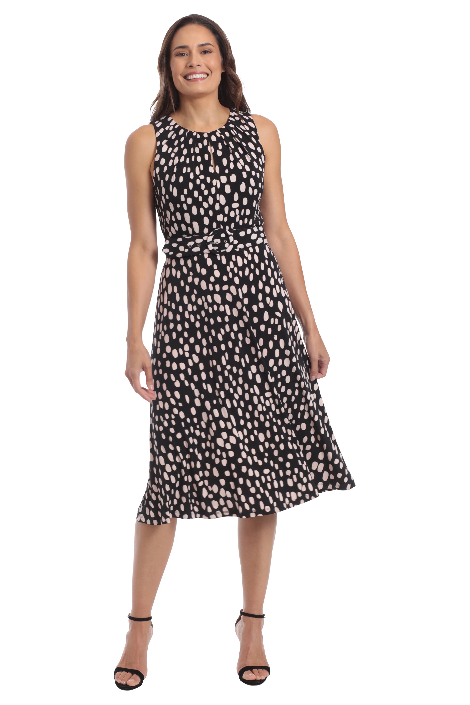 London Times Chalk Dot Belted Keyhole Midi Dress In Black And Pink-Midi Dresses-London Times-Deja Nu Boutique, Women's Fashion Boutique in Lampasas, Texas