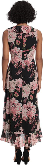 London Times Floral Ruffled Chiffon Maxi Dress In Black And Blush-Maxi Dresses-London Times-Deja Nu Boutique, Women's Fashion Boutique in Lampasas, Texas