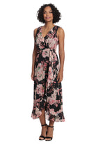 London Times Floral Ruffled Chiffon Maxi Dress In Black And Blush-Maxi Dresses-London Times-Deja Nu Boutique, Women's Fashion Boutique in Lampasas, Texas