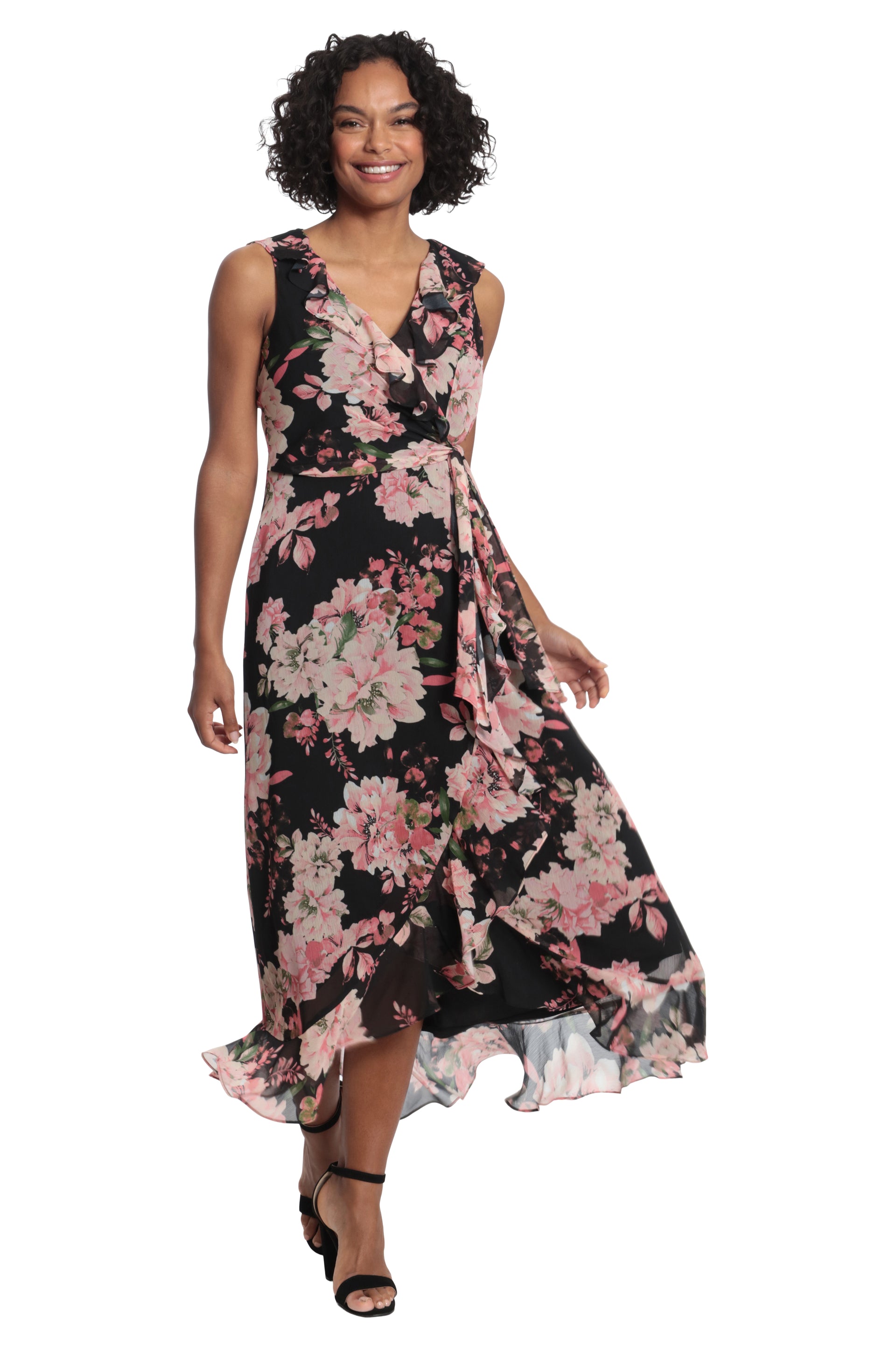 London Times Floral Ruffled Chiffon Maxi Dress In Black And Blush - 4 London Times Floral Ruffled Chiffon Maxi Dress In Black And Blush - 4