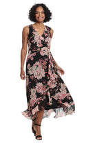 London Times Floral Ruffled Chiffon Maxi Dress In Black And Blush-Maxi Dresses-London Times-Deja Nu Boutique, Women's Fashion Boutique in Lampasas, Texas