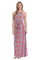 London Times Morris Geometric Maxi Dress In White And Pink-Maxi Dresses-London Times-Deja Nu Boutique, Women's Fashion Boutique in Lampasas, Texas