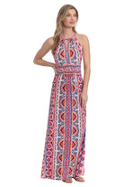 London Times Morris Geometric Maxi Dress In White And Pink-Maxi Dresses-London Times-Deja Nu Boutique, Women's Fashion Boutique in Lampasas, Texas