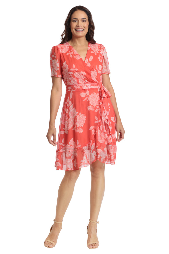 London Times Tangerine Wrap Dress With Cream Flower Pattern And A Fabric Belt-Dresses-London Times-Deja Nu Boutique, Women's Fashion Boutique in Lampasas, Texas