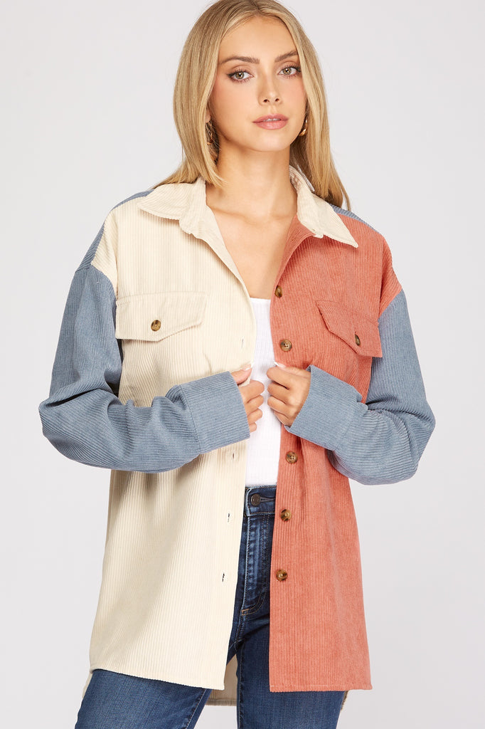 Long Sleeve Color Blocked Corduroy Jacket With Front Pockets In Marsala And Blue-Jackets-She And Sky-Deja Nu Boutique, Women's Fashion Boutique in Lampasas, Texas