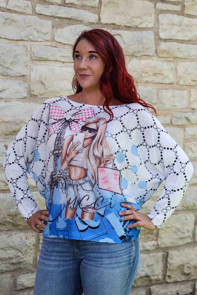Look Mode Eiffel Tower Model Sweater In White-Graphic Sweaters-Look Mode-Deja Nu Boutique, Women's Fashion Boutique in Lampasas, Texas