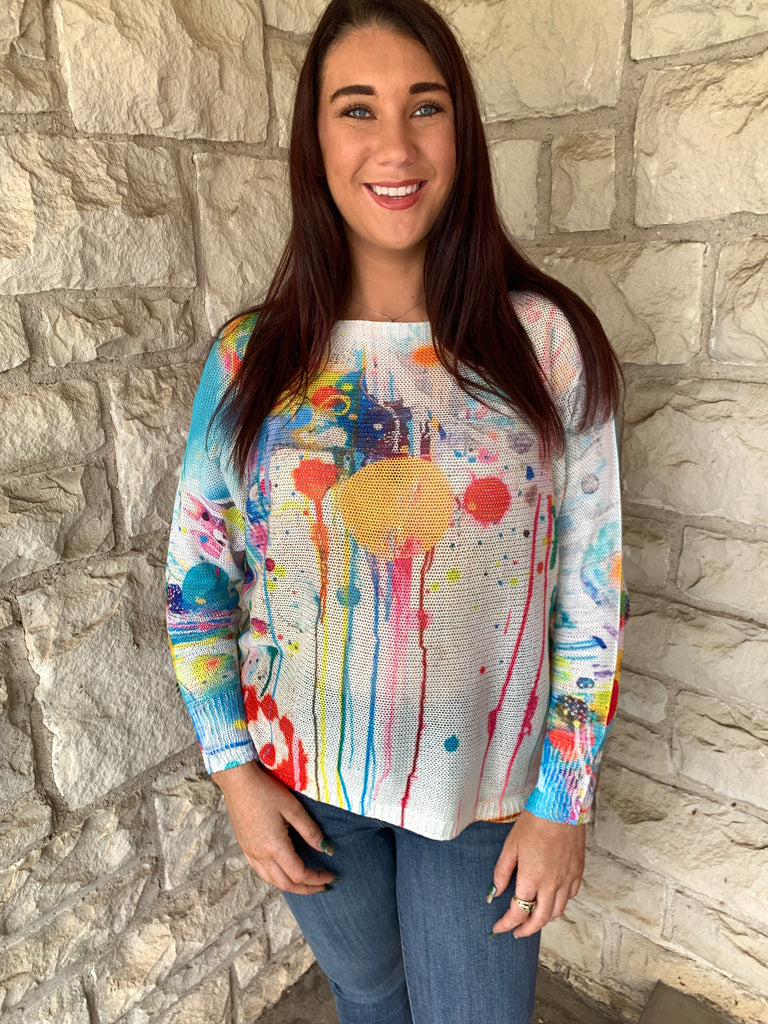 Look Mode Graffiti Batwing Sweater In Yellow-Graphic Sweaters-Look Mode-Deja Nu Boutique, Women's Fashion Boutique in Lampasas, Texas