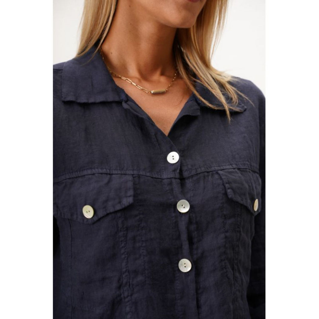 Look Mode Navy Linen Raw Edge Jacket Crop Top-Jackets-Look Mode-Deja Nu Boutique, Women's Fashion Boutique in Lampasas, Texas