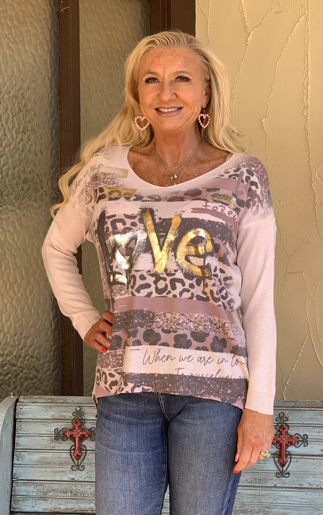 Look Mode Pink "Love" Silver & Gold Foil Sweater-Graphic Sweaters-Look Mode-Deja Nu Boutique, Women's Fashion Boutique in Lampasas, Texas